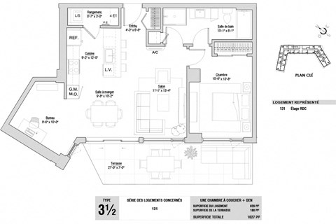 Floor plan for 1 bed, 1 bath, 842 sqft