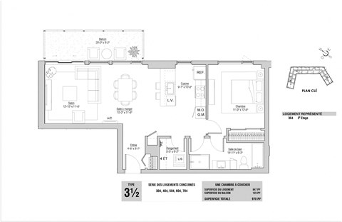 Floor plan for 1 bed, 1 bath, 847 sqft