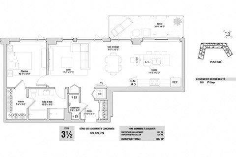 Floor plan for 1 bed, 1 bath, 887 sqft