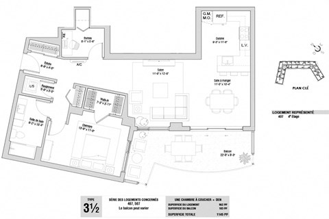 Floor plan for 1 bed, 1 bath, 962 sqft