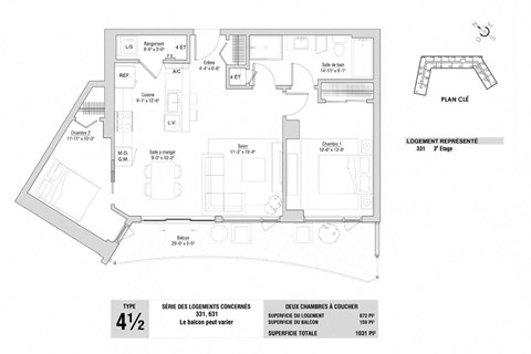 Floor plan for 2 beds, 1 bath, 885 sqft