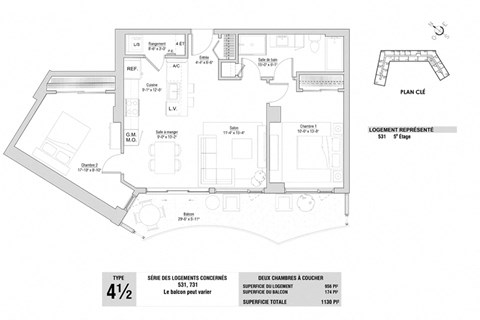 Floor plan for 2 beds, 1 bath, 956 sqft