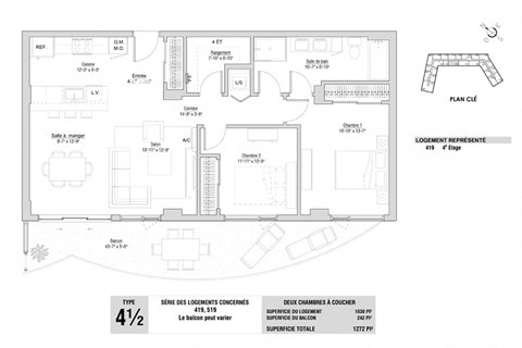 Floor plan for 2 beds, 1 bath, 1032 sqft