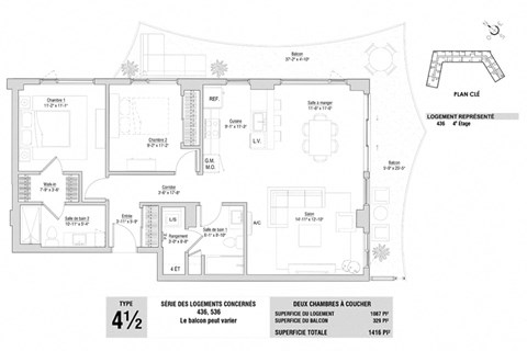 Floor plan for 2 beds, 2 baths, 1087 sqft