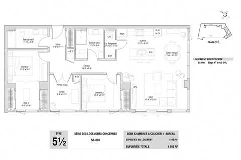 Floor plan for 3 beds, 2 baths, 1192 sqft