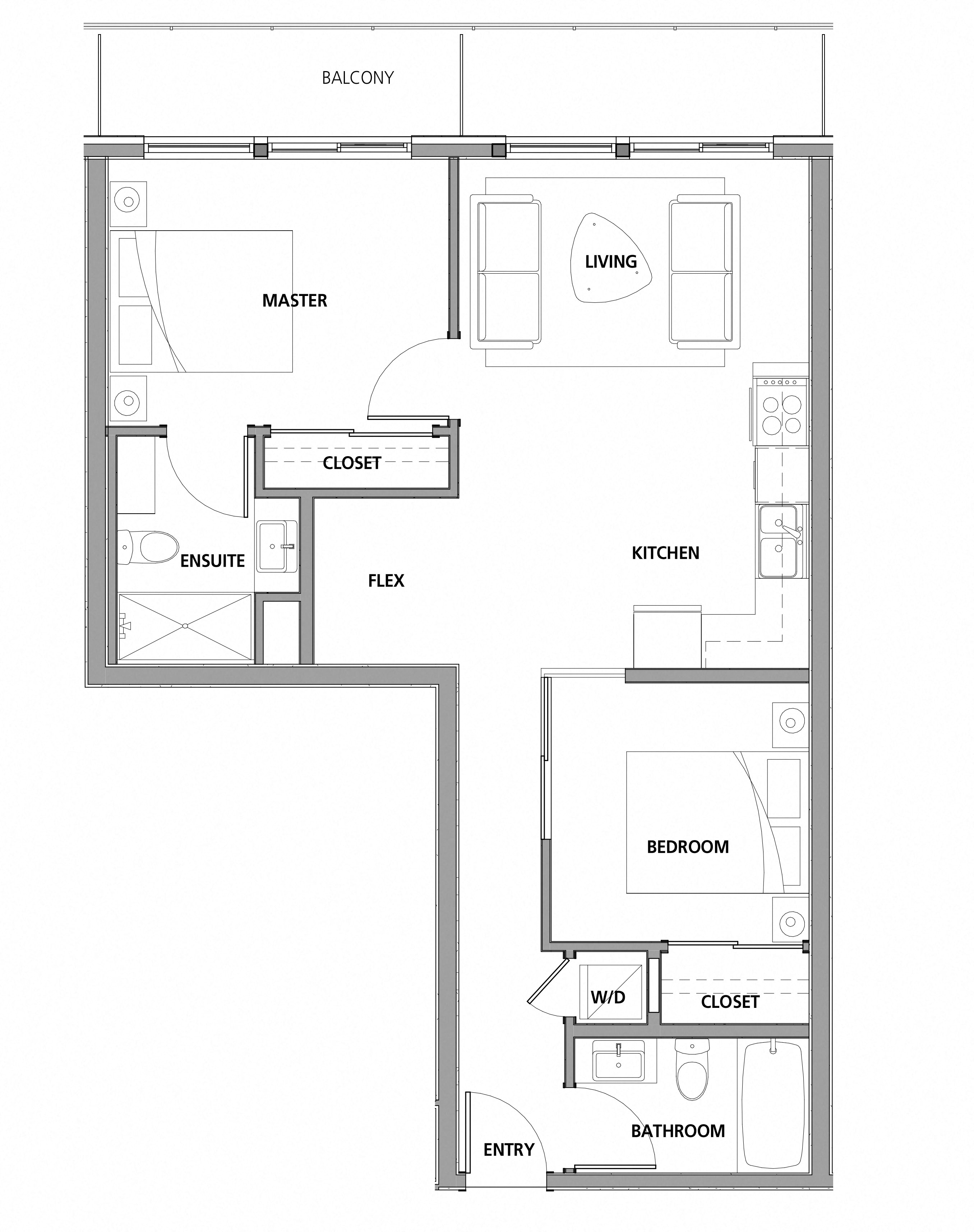 Floor plan for 2 beds, 2 baths, 800 sqft