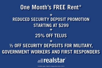 Edmonton apartment for rent - An advertisement for a free rent offer from Realstar, including a security deposit promotion and discounts for military, government workers, and first responders.