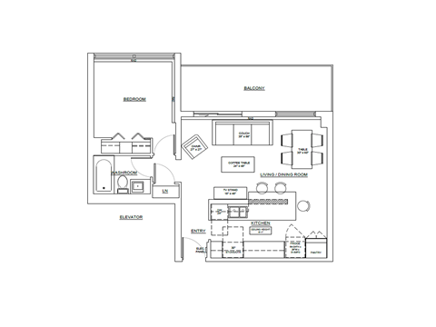 Floor plan for 1 bed, 1 bath, 579 sqft