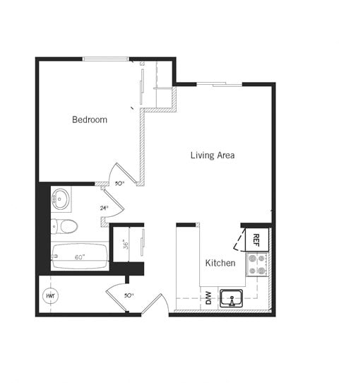 Floor plan for 1 bed, 1 bath, 406 sqft