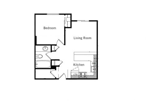 Floor plan for 1 bed, 1 bath, 406 sqft