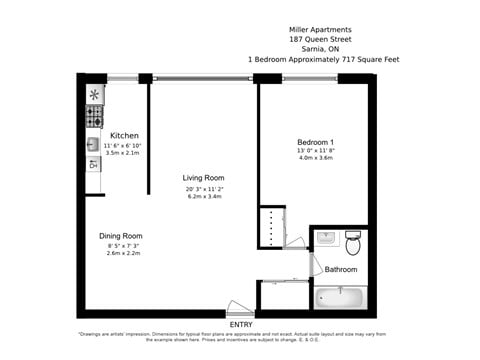 Floor plan for 1 bed, 1 bath, 717 sqft
