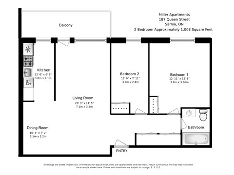 Floor plan for 2 beds, 1 bath, 1003 sqft