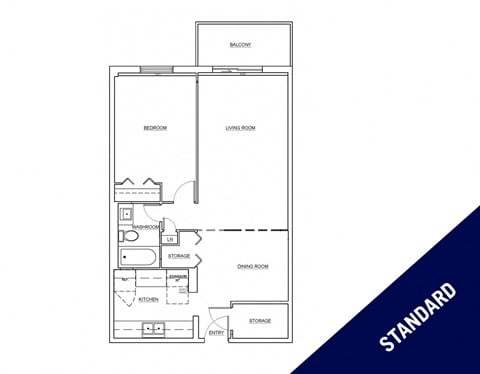 Floor plan for 1 bed, 1 bath, 652 sqft