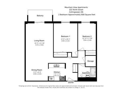 Floor plan for 2 beds, 1 bath, 858 sqft