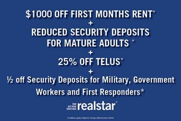 Edmonton apartment for rent - A promotional image for realstar offering various discounts and benefits.