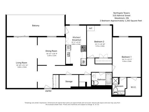 Floor plan for 2 beds, 2 baths, 1150 sqft