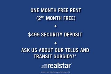 New Westminster apartment for rent - A promotional image for realstar offering a free rent for the second month and a security deposit of $499.
