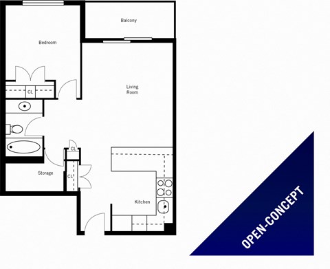 Floor plan for 1 bed, 1 bath, 617 sqft