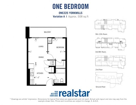 Floor plan for 1 bed, 1 bath, 508 sqft