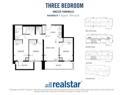 Floor plan for 3 beds, 2 baths, 921 sqft