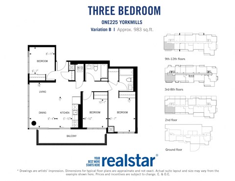 Floor plan for 3 beds, 2 baths, 982 sqft