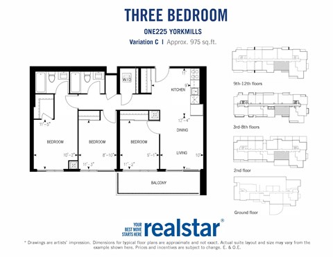 Floor plan for 3 beds, 2 baths, 1000 sqft