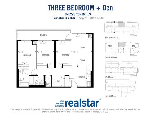 Floor plan for 3 beds, 2 baths, 1042 sqft