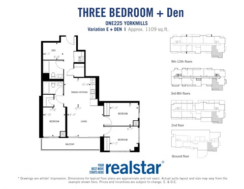 Floor plan for 3 beds, 2 baths, 1096 sqft