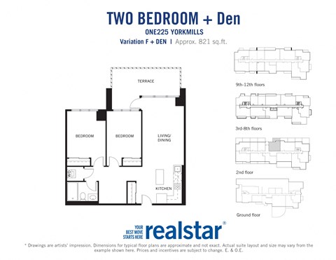 Floor plan for 2 beds, 1 bath, 821 sqft