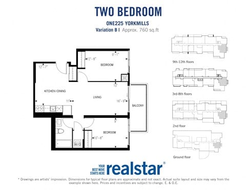Floor plan for 2 beds, 1 bath, 762 sqft