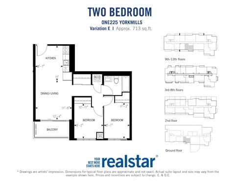 Floor plan for 2 beds, 1 bath, 713 sqft