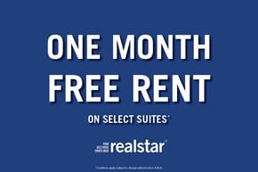 Etobicoke apartment for rent - A blue advertisement for a one month free rent offer on select suites.