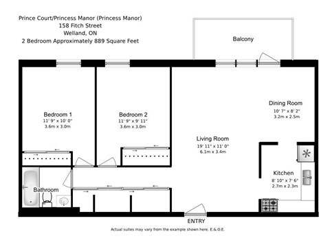 Floor plan for 2 beds, 1 bath, 889 sqft