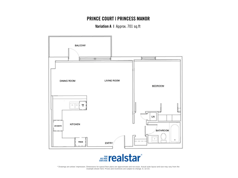 Floor plan for 1 bed, 1 bath, 701 sqft