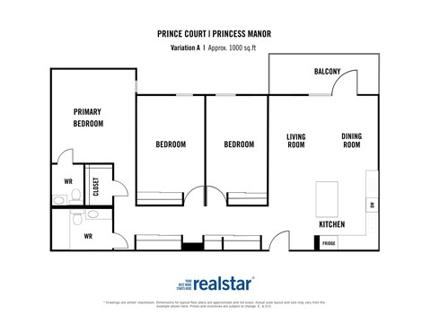 Floor plan for 3 beds, 1.5 baths, 1000 sqft
