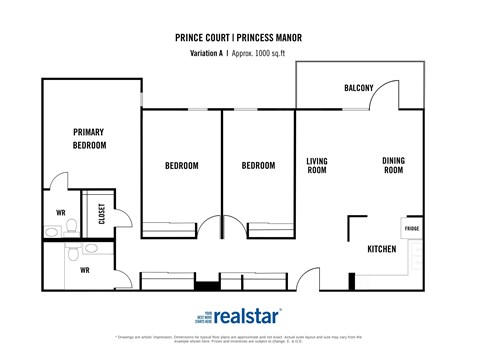 Floor plan for 3 beds, 1.5 baths, 1000 sqft