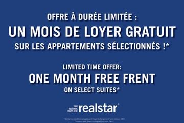Pointe Claire apartment for rent - A blue advertisement for a one month free frent on select suites.