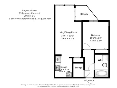 Floor plan for 1 bed, 1 bath, 520 sqft
