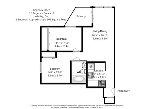 Floor plan for 2 beds, 1 bath, 609 sqft