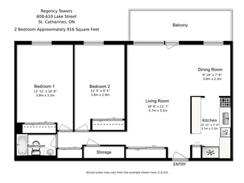 Floor plan for 2 beds, 1 bath, 916 sqft