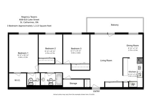 Floor plan for 3 beds, 1.5 baths, 1113 sqft