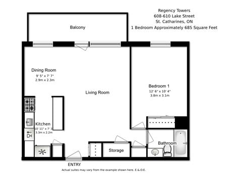 Floor plan for 1 bed, 1 bath, 685 sqft