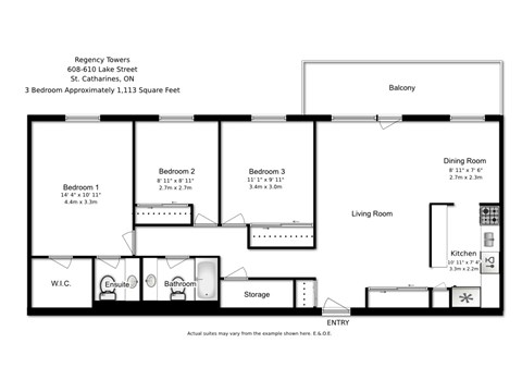 Floor plan for 3 beds, 1.5 baths, 1113 sqft