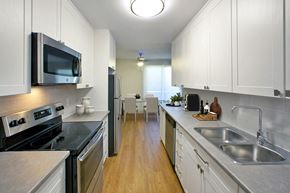 Owen Sound apartment for rent - Regency Towers modern kitchen with white cabinetry and stainless steel appliances in Owen Sound, ON