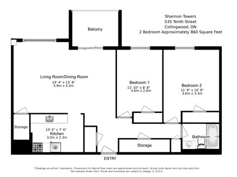Floor plan for 2 beds, 1 bath, 860 sqft
