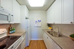 Collingwood apartment for rent - Shannon Towers in Collingwood, ON kitchen with white cabinetry, full range stove, and fridge