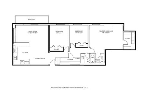 Floor plan for 3 beds, 2 baths, 1160 sqft