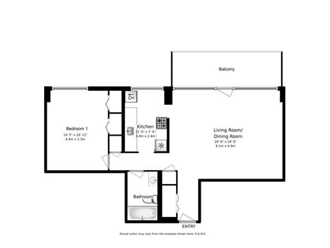 Floor plan for 1 bed, 1 bath, 803 sqft