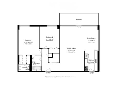Floor plan for 2 beds, 1.5 baths, 1035 sqft