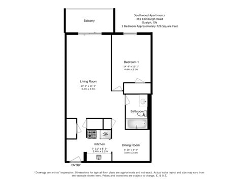Floor plan for 1 bed, 1 bath, 730 sqft